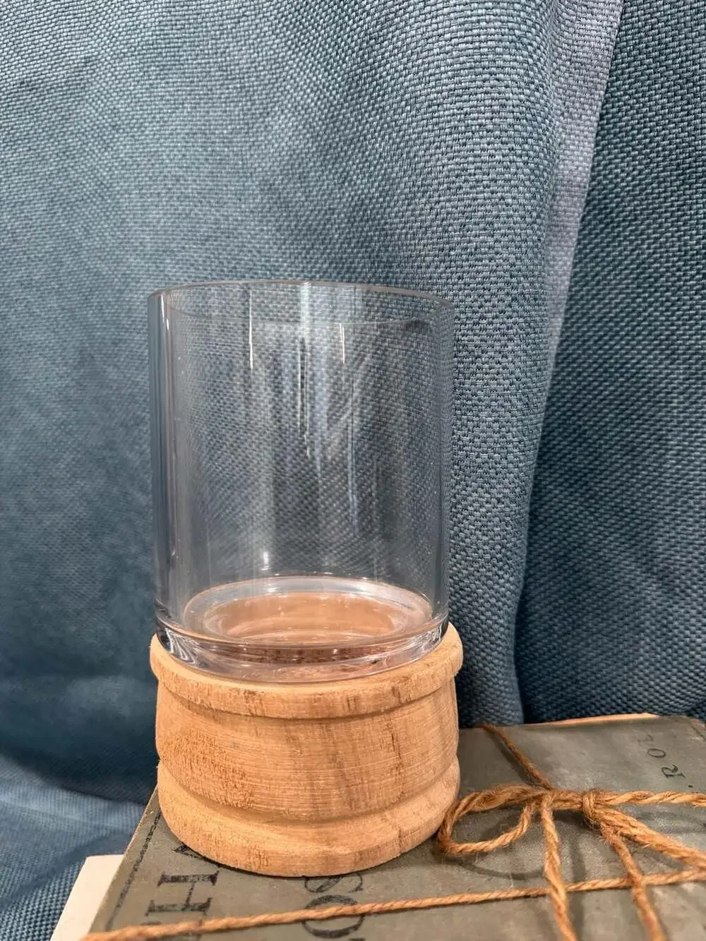 Clear Glass Hurricane Candle Holder with Natural Wood Base